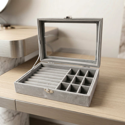 Side view of velvet jewellery box with transparent lid
