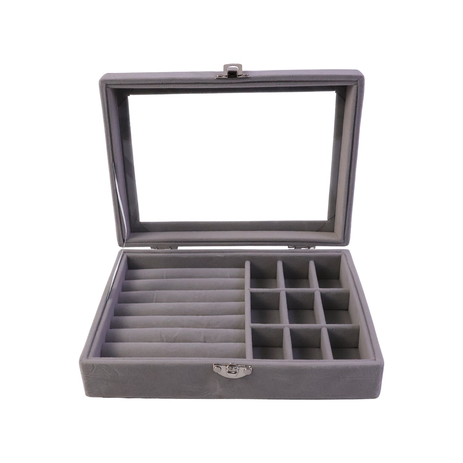 Top view of velvet jewellery box with transparent lid