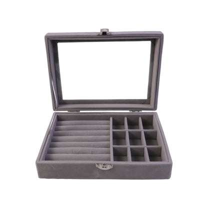 Top view of velvet jewellery box with transparent lid