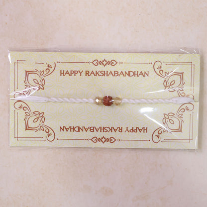 White Thread Rakhi with Rudraksha Bead and Sparkling Crystal Accents