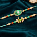 Bhaiya Bhabhi Rakhi Pair, Green Meenakari Pearl Rakhi with Lumba | Traditional Rakhi for Brother
