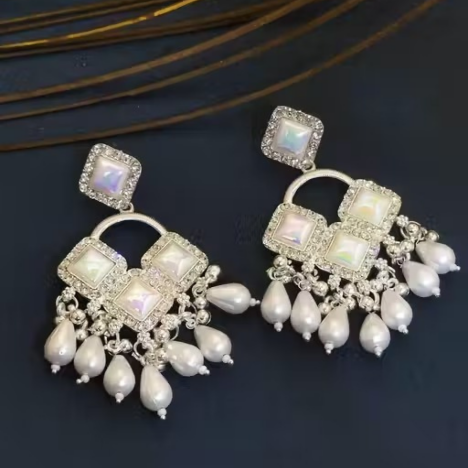 Elegant Silver Plated Chandelier Earrings Featuring Square Crystals and White Teardrop Beads