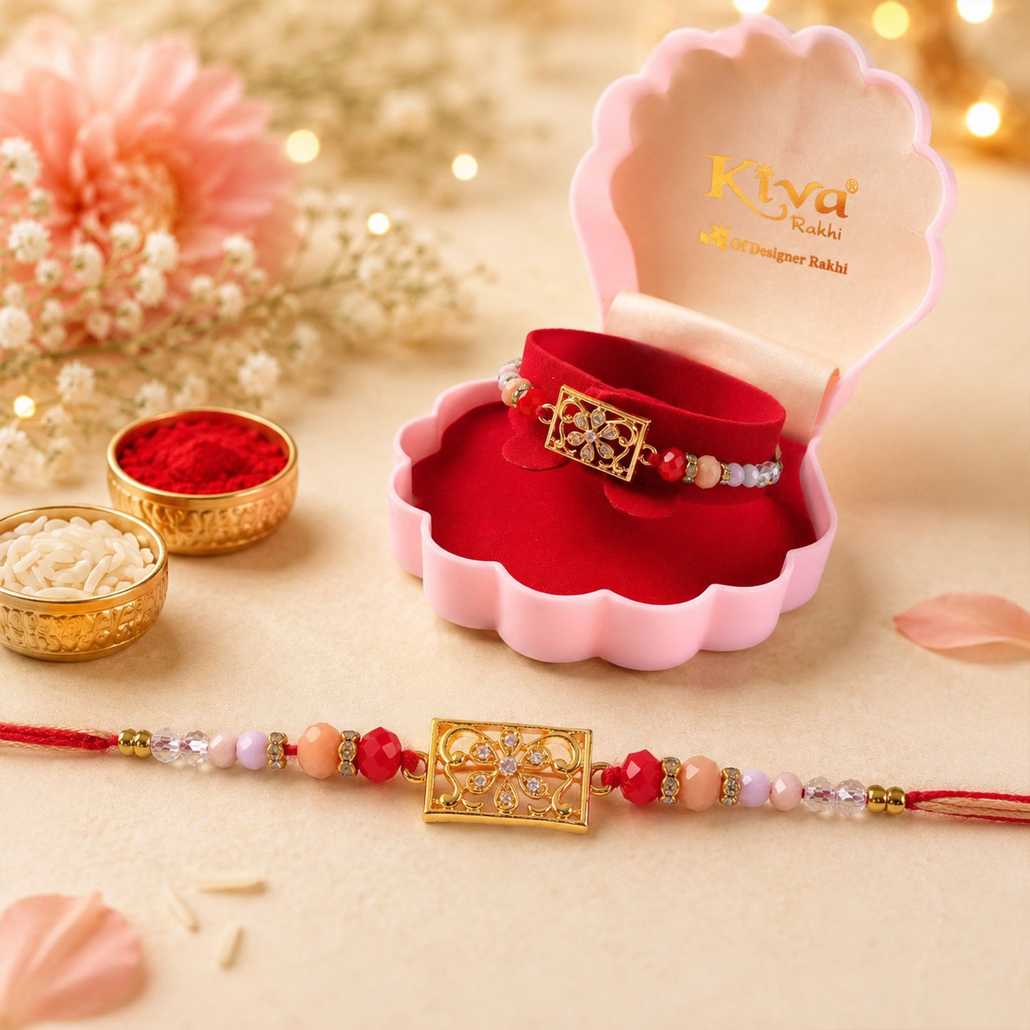 Rectangular AD Filigree Designer Rakhi for Brother with Pink Beads Gift