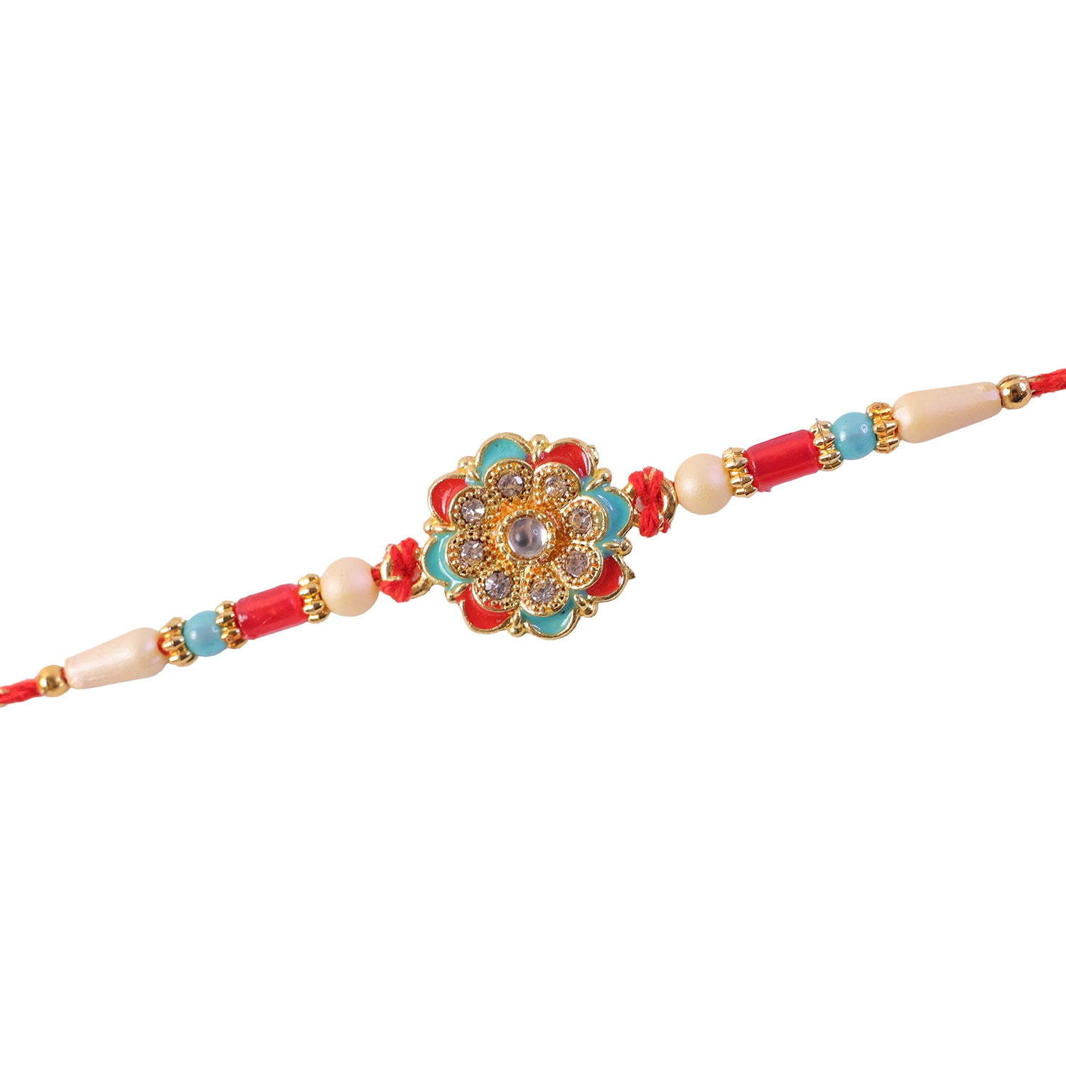 Festive Rakhi with Floral Rosette and crystal accents in bead line for Raksha Bandhan