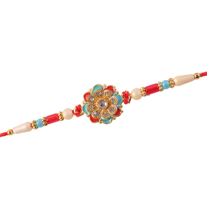 Festive Rakhi with Floral Rosette and crystal accents in bead line for Raksha Bandhan