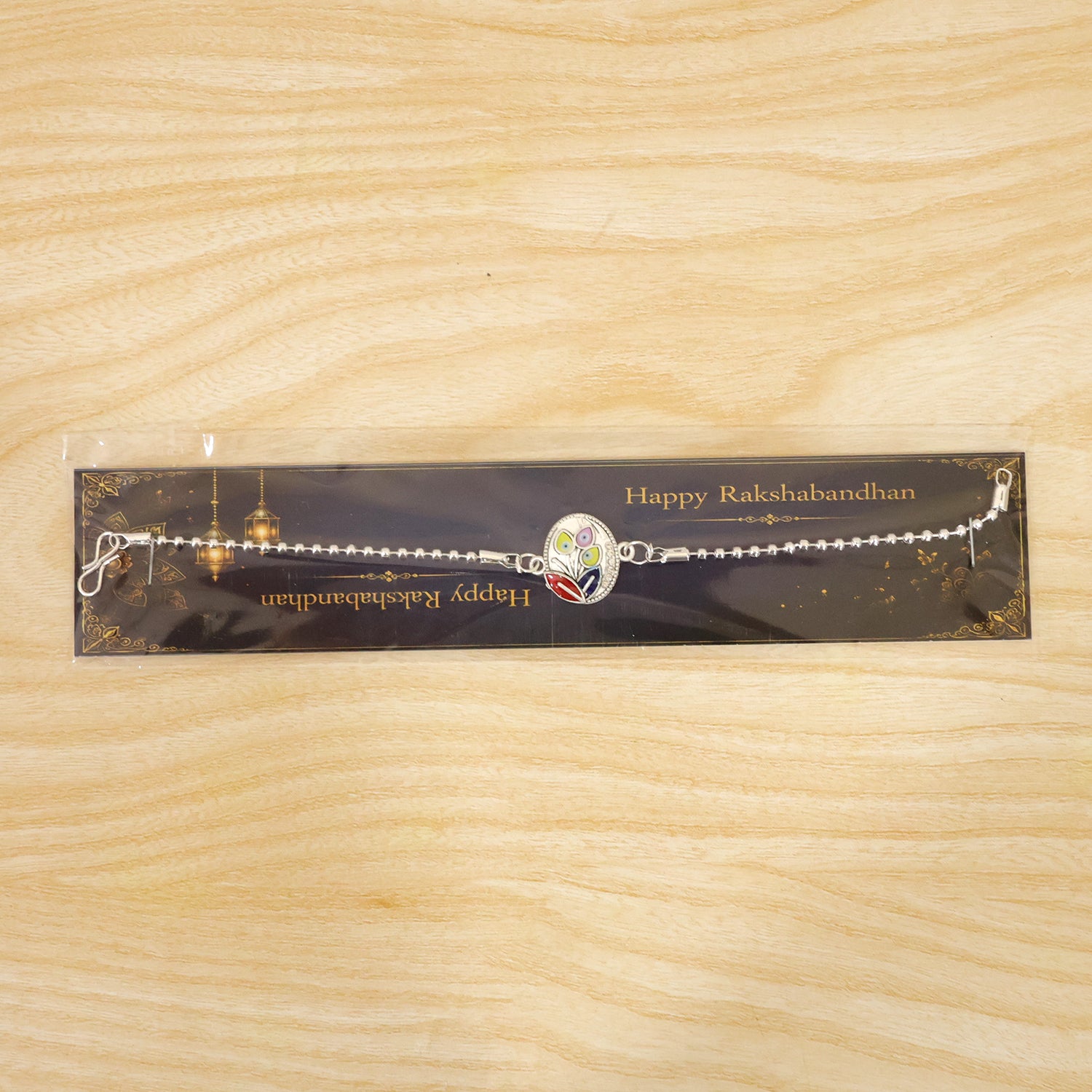 Leaft Evil Eye Motif Enamel Crystal Studded Silver Chain Designer Rakhi