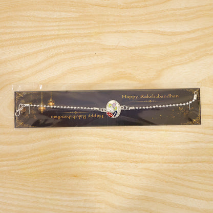 Leaft Evil Eye Motif Enamel Crystal Studded Silver Chain Designer Rakhi