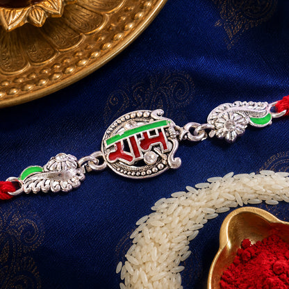 Silver-Toned Ram Rakhi with Red & Green Enamel and Crystal Accents for Brother