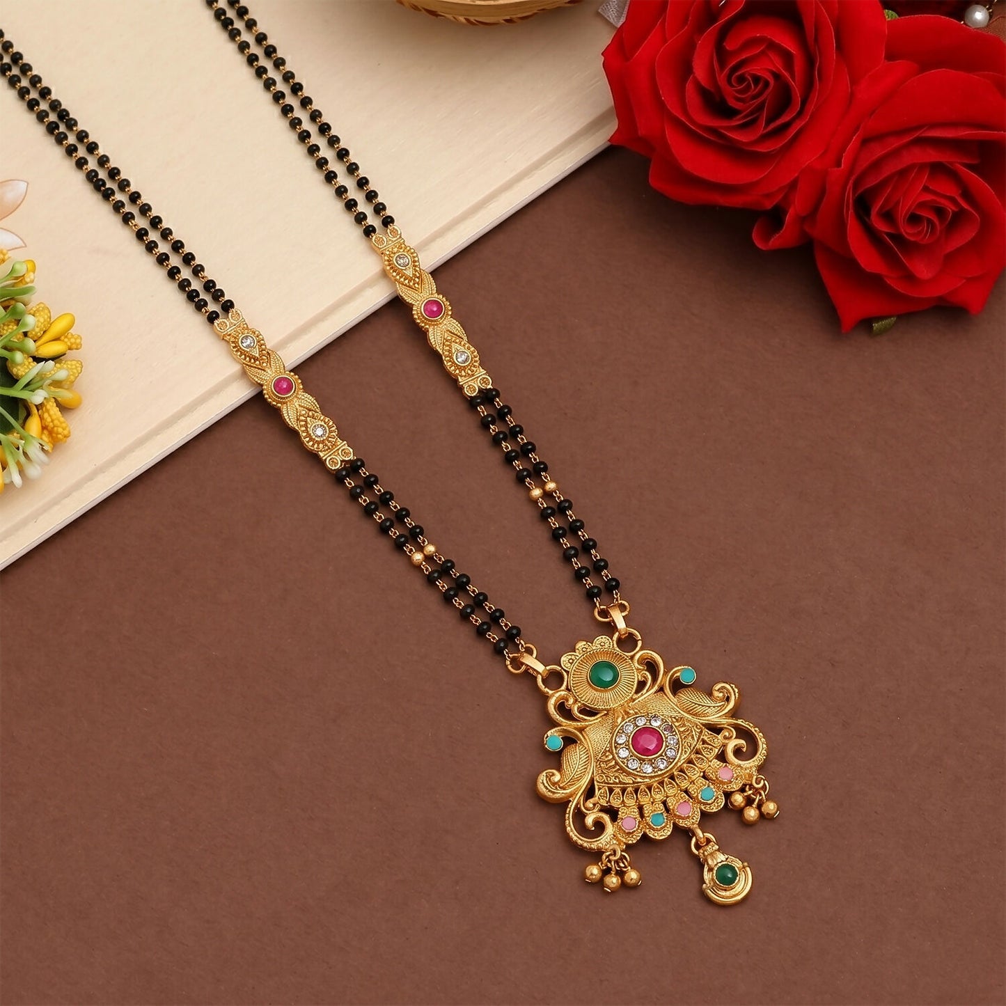 Antique Finish Sunburst Filigree Pendant with Rainbow Bead Cascade Double Strand Mangalsutra