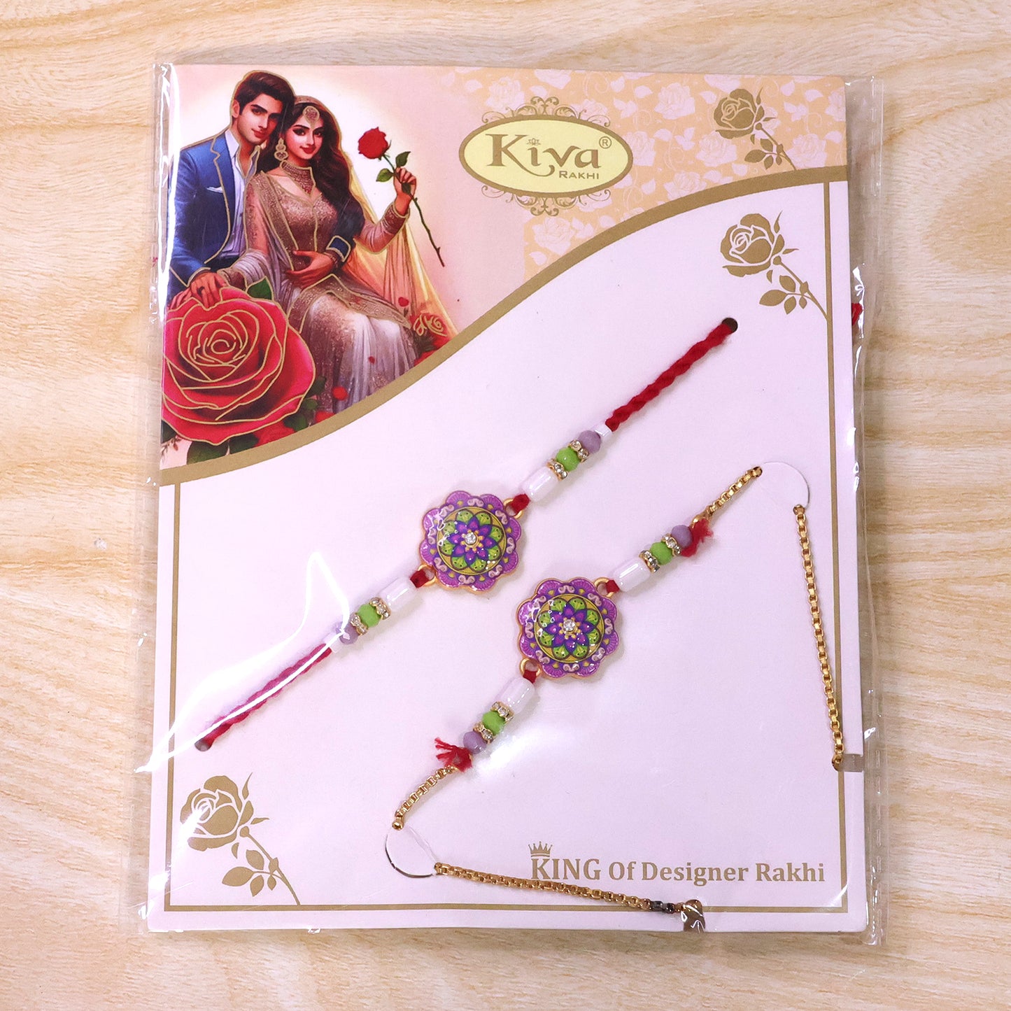 Floral Meenakari Bhai Bhabhi Lumba Rakhi with Pearl Hanging Pair