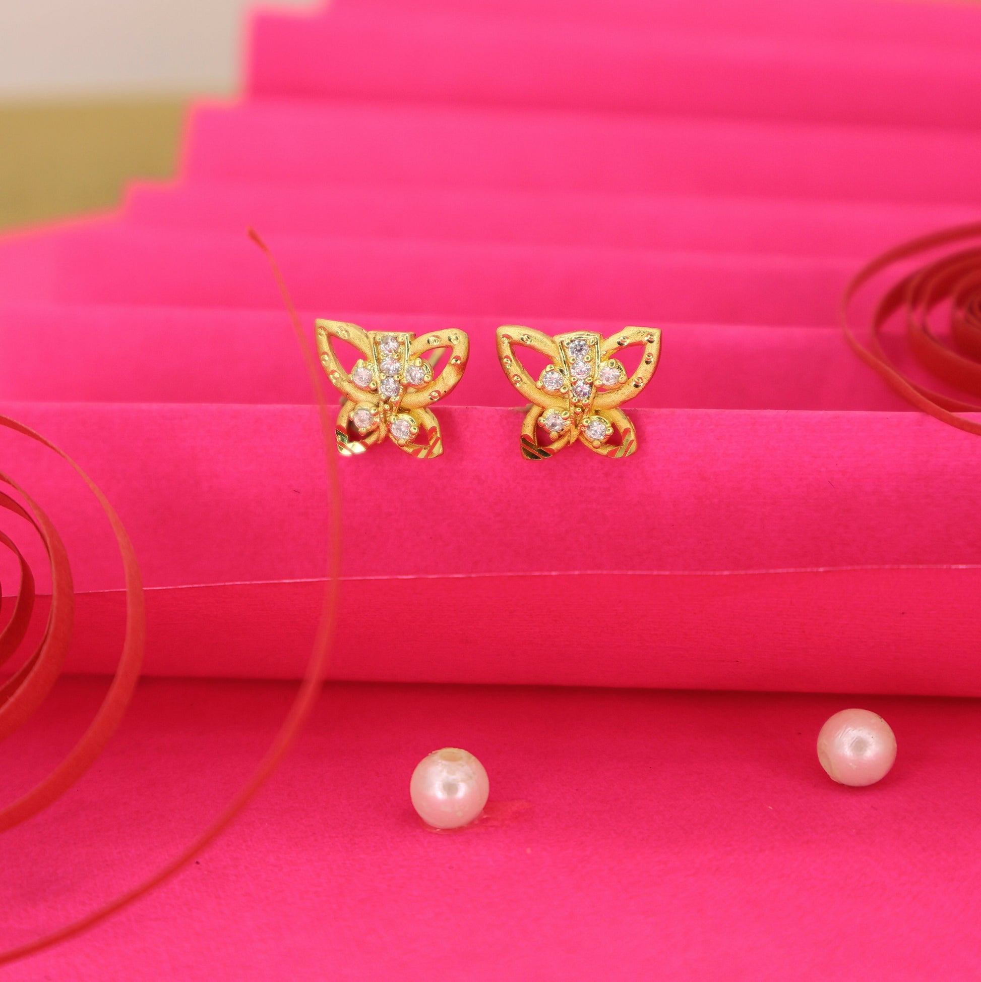 Butterfly Stud Earrings | Gold Plated AD Stones | Lightweight for women and girls