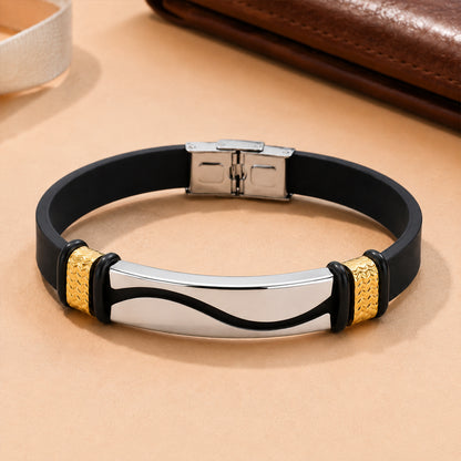 Curved Bracelet Rakhi with Black Braided Band and Silver Plate for Raksha Bandhan