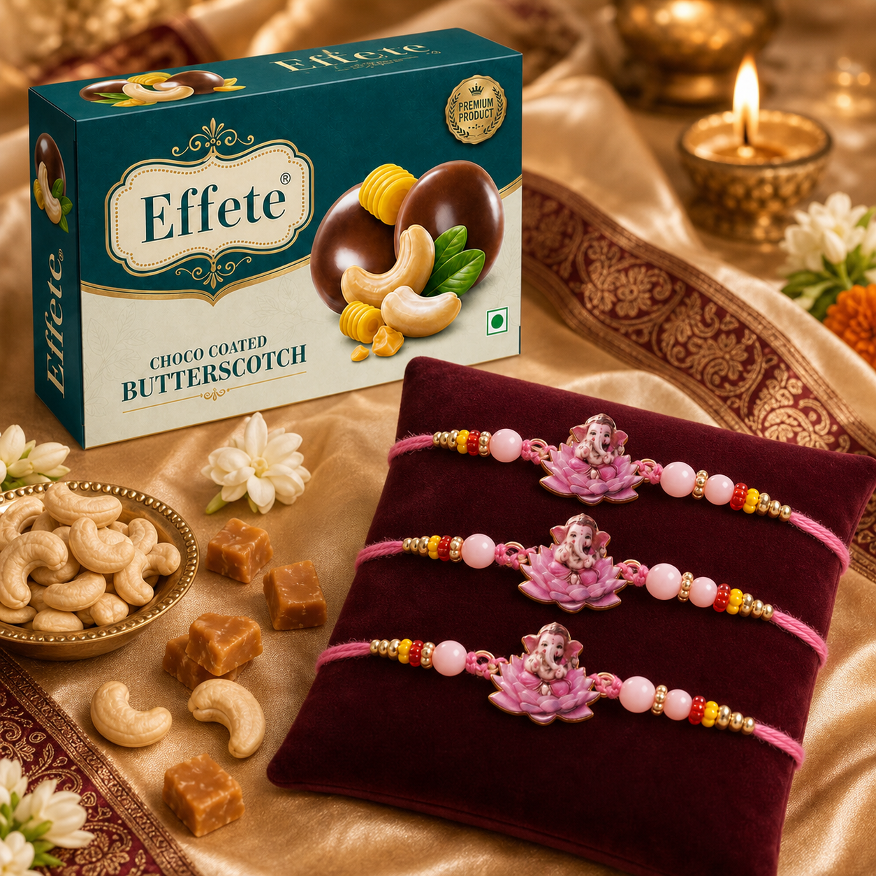 Pink Ganesha Rakhi Set with Choco Butterscotch, Pack of 3