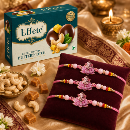 Pink Ganesha Rakhi Set with Choco Butterscotch, Pack of 3