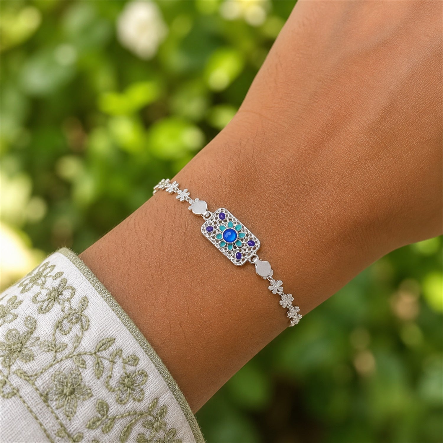 Rectangle Silver Studded Multicolor Enamel Floral Chain Rakhi