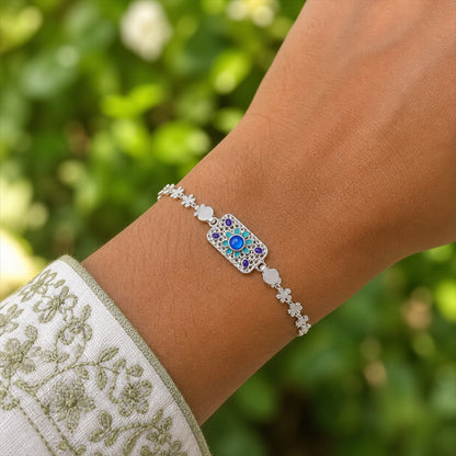 Rectangle Silver Studded Multicolor Enamel Floral Chain Rakhi