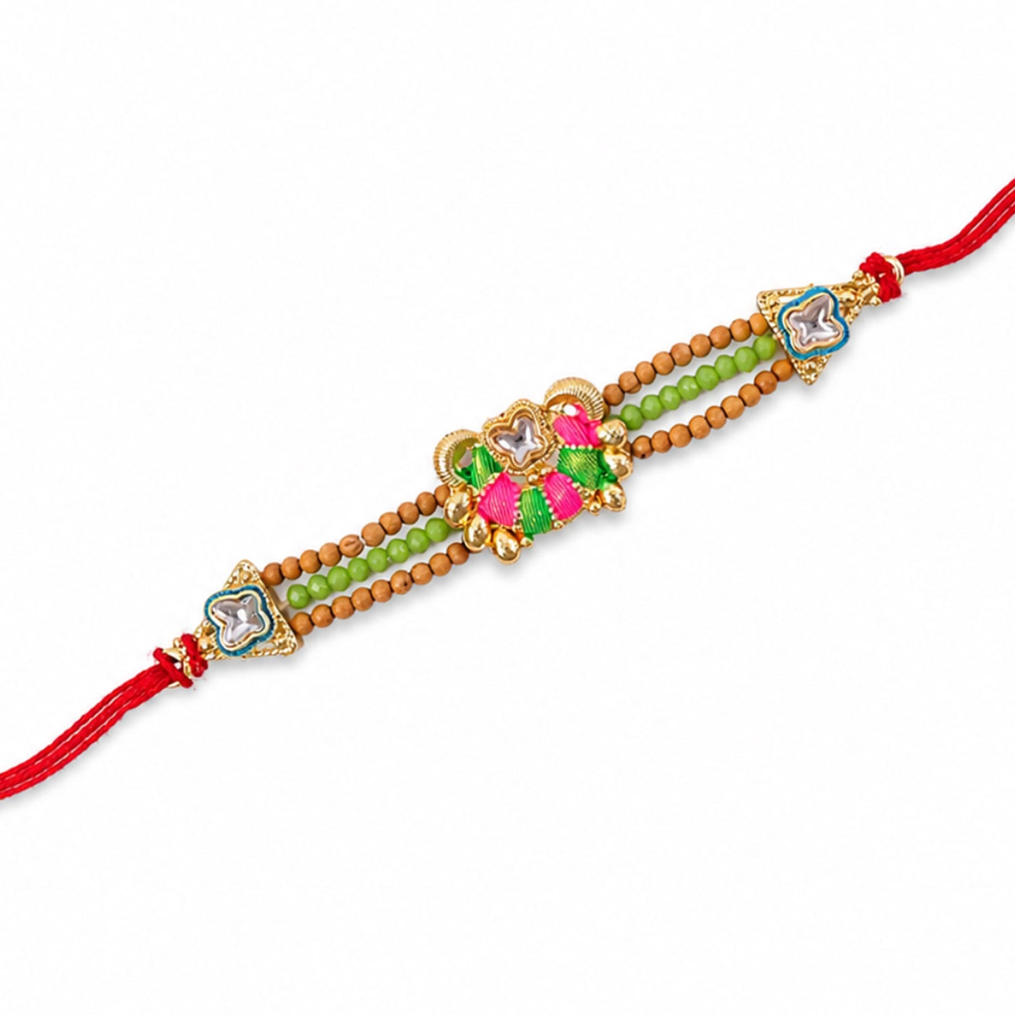 Green Beaded Floral Rakhi with Pink Center and Colorful Festive Gifting Elegance
