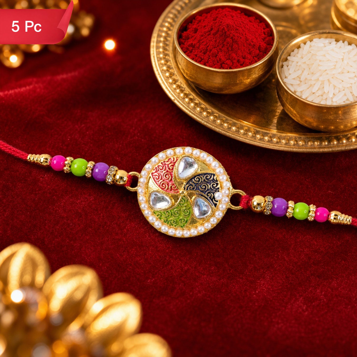 Kundan Meenakari Rakhi Pearl Border Multicolor Beads (5pcs)