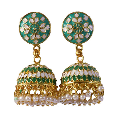 Green floral jhumka earrings displayed on white background