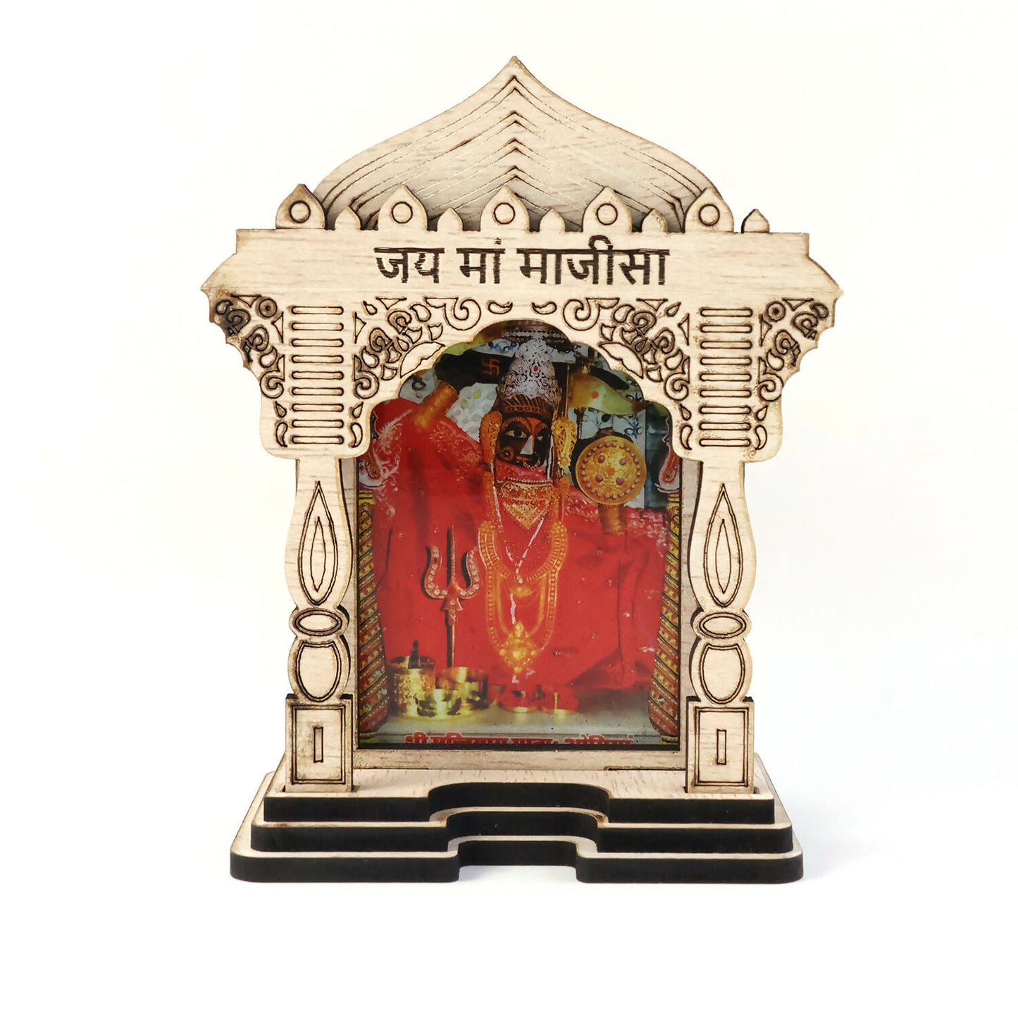 Wooden Maa Majisa Temple Frame Idol for Car Dashboard, Home Mandir & Office Decor