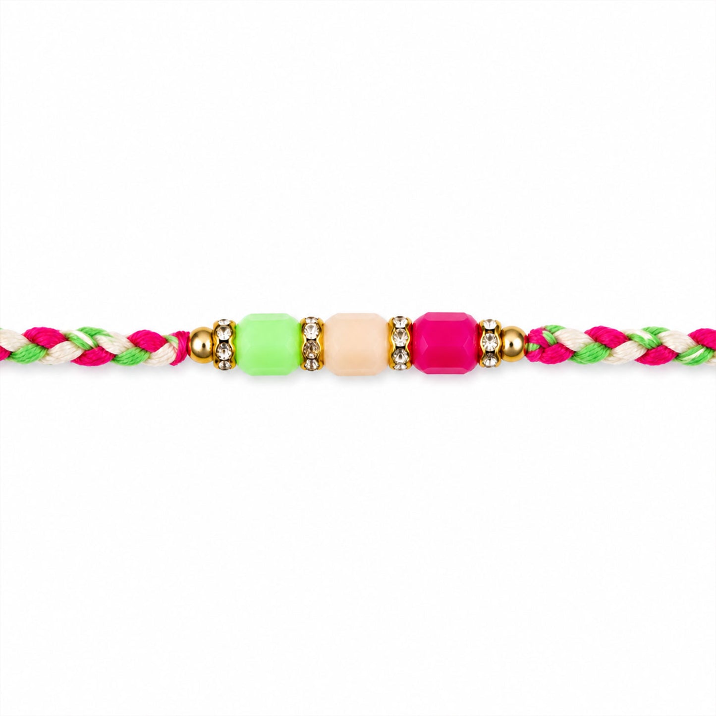 Bright Macrame Bracelet Rakhi with Green Peach Pink Beads and Colorful Thread
