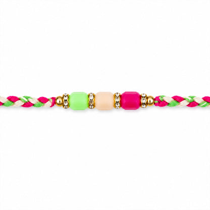 Bright Macrame Bracelet Rakhi with Green Peach Pink Beads and Colorful Thread