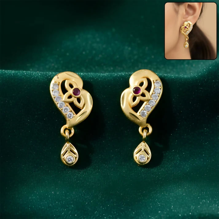 Decorative Leaf Pattern Gold Stud Earrings With Embedded Stones And Drop Element