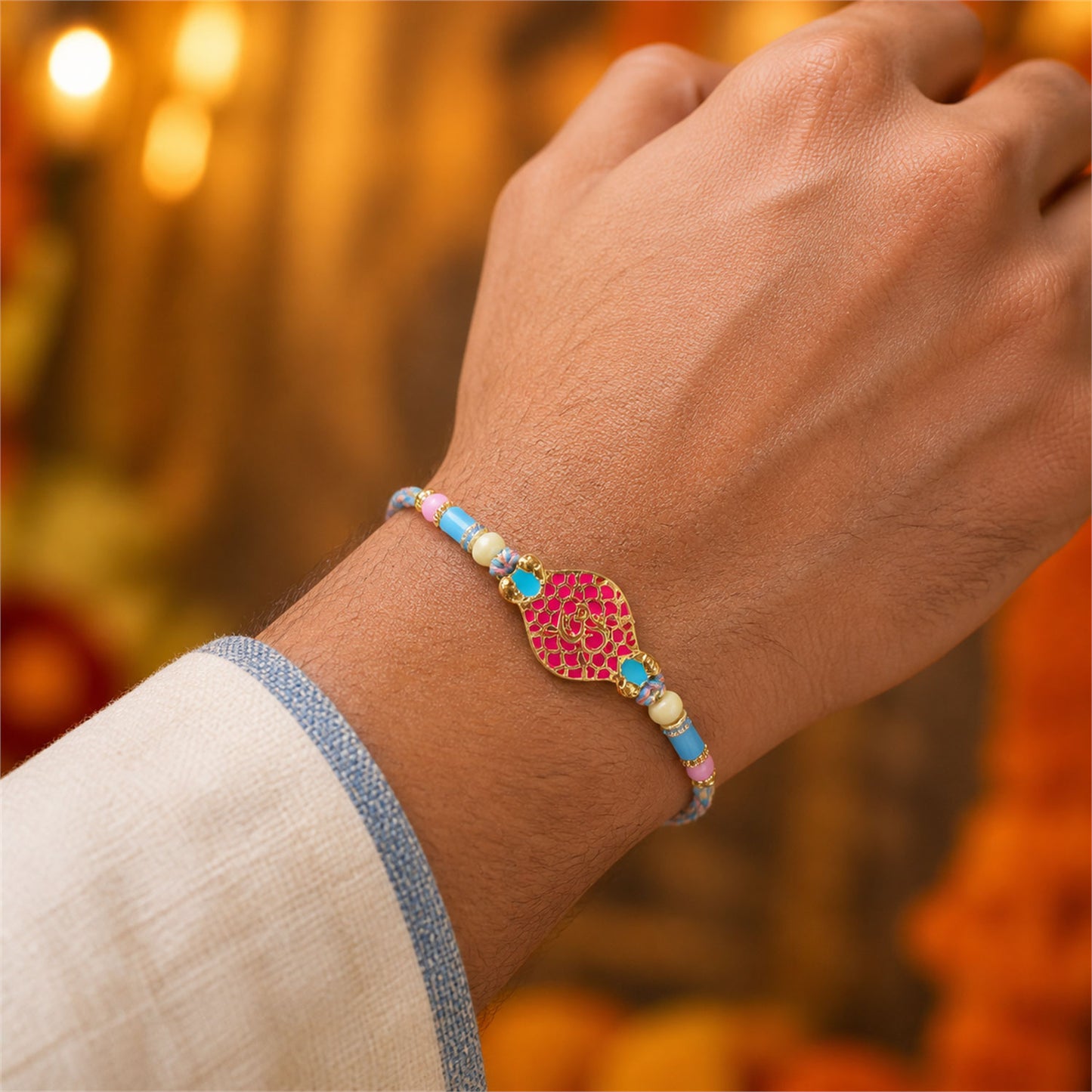 Festive Rakhi with Paisley Heart Charm, blue stones and wrist style for Gift Use