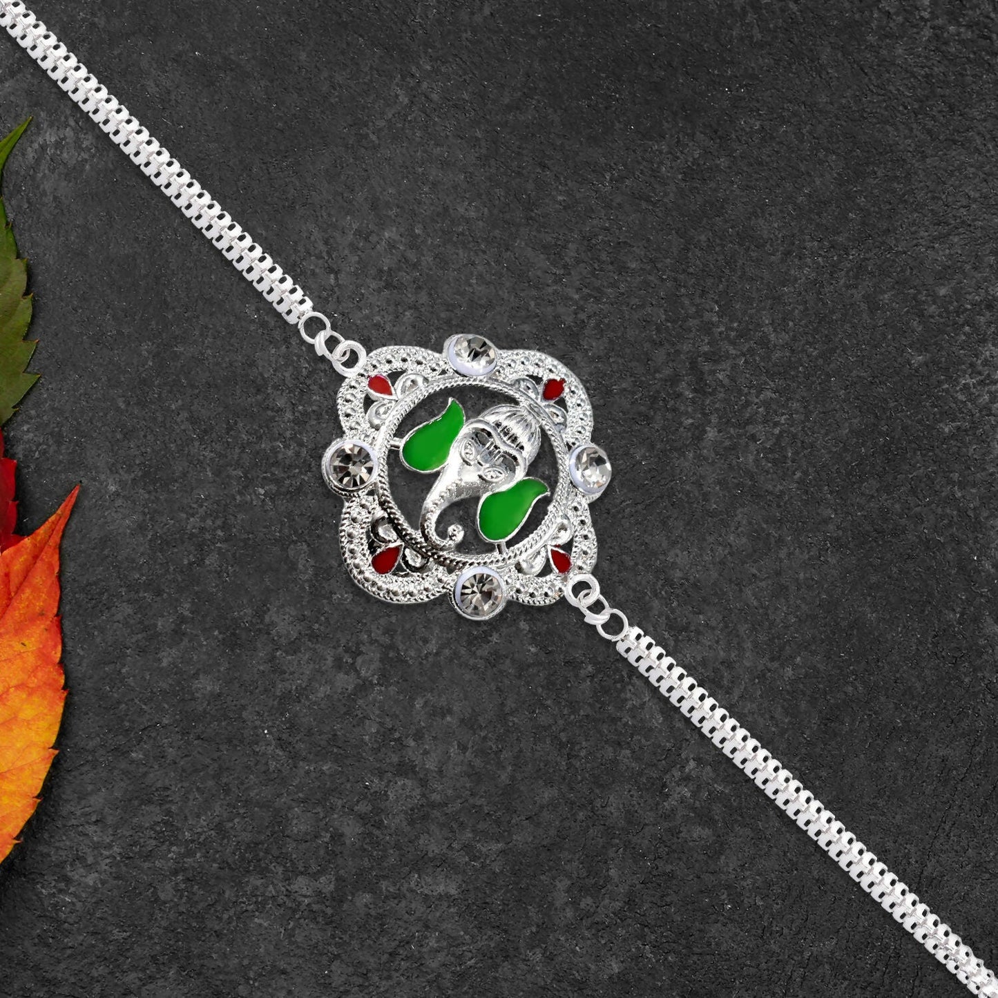 Ganesh Motif Rakhi Elegant Silver Chain Green Enamel (10pcs)