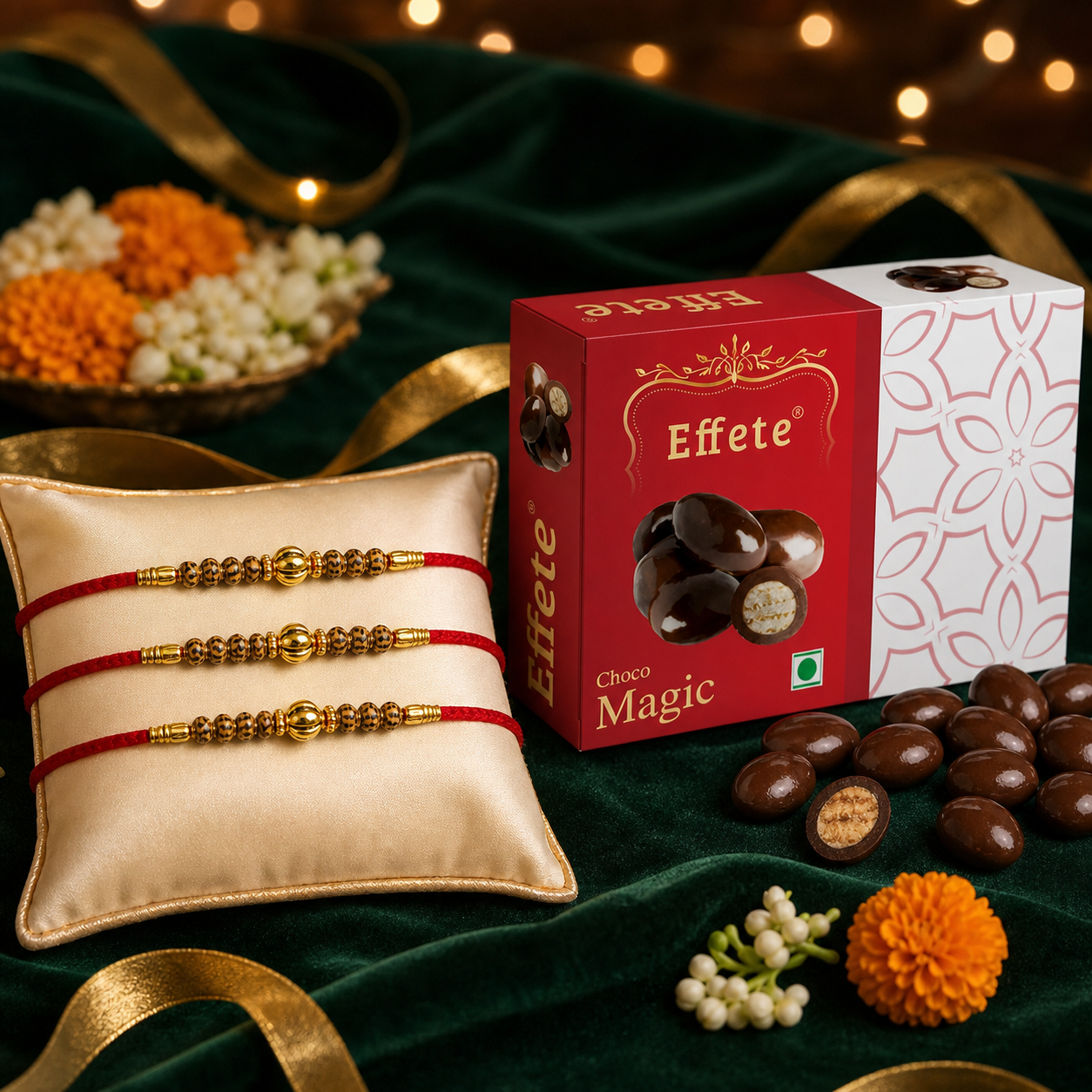 Rudraksha Bead Rakhi with Choco Magic, Pack of 3