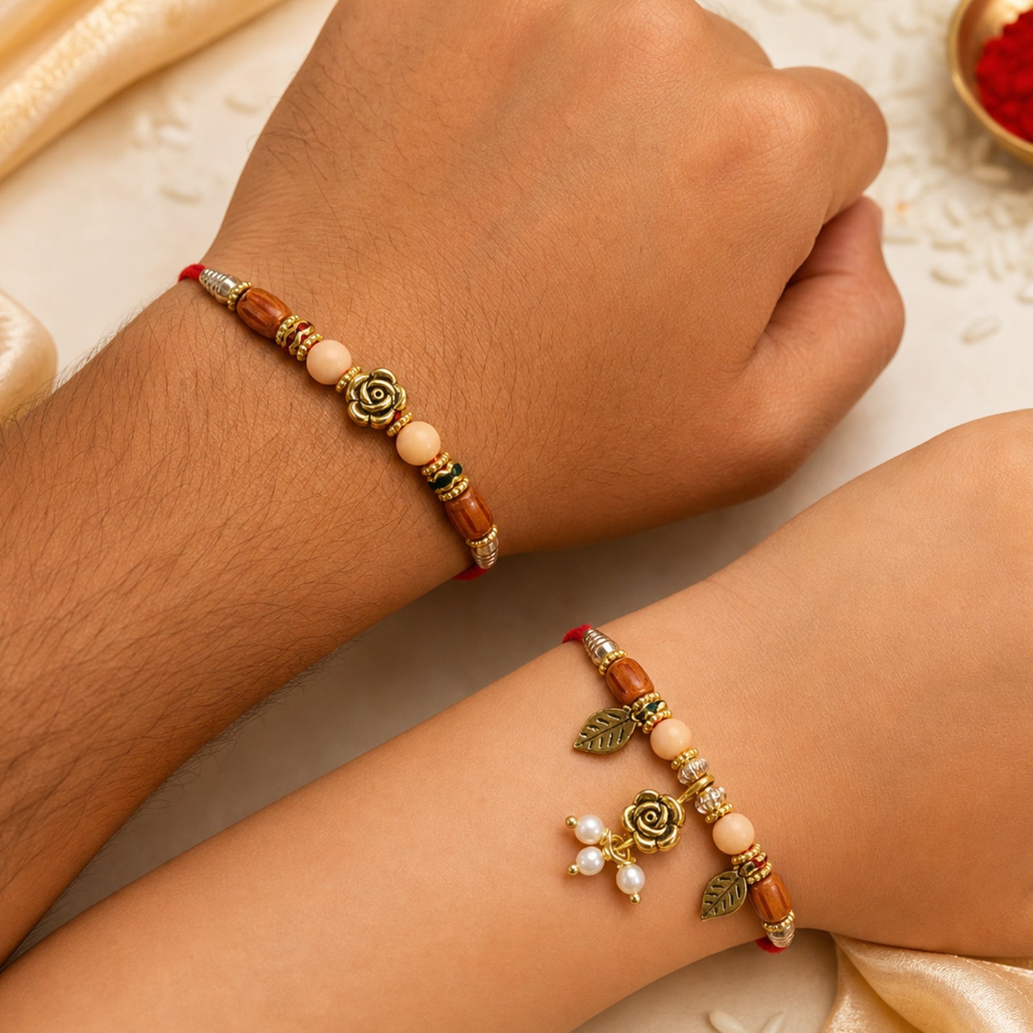 Traditional Om Couple Rakhi Set with Rudraksha Crystal Beads