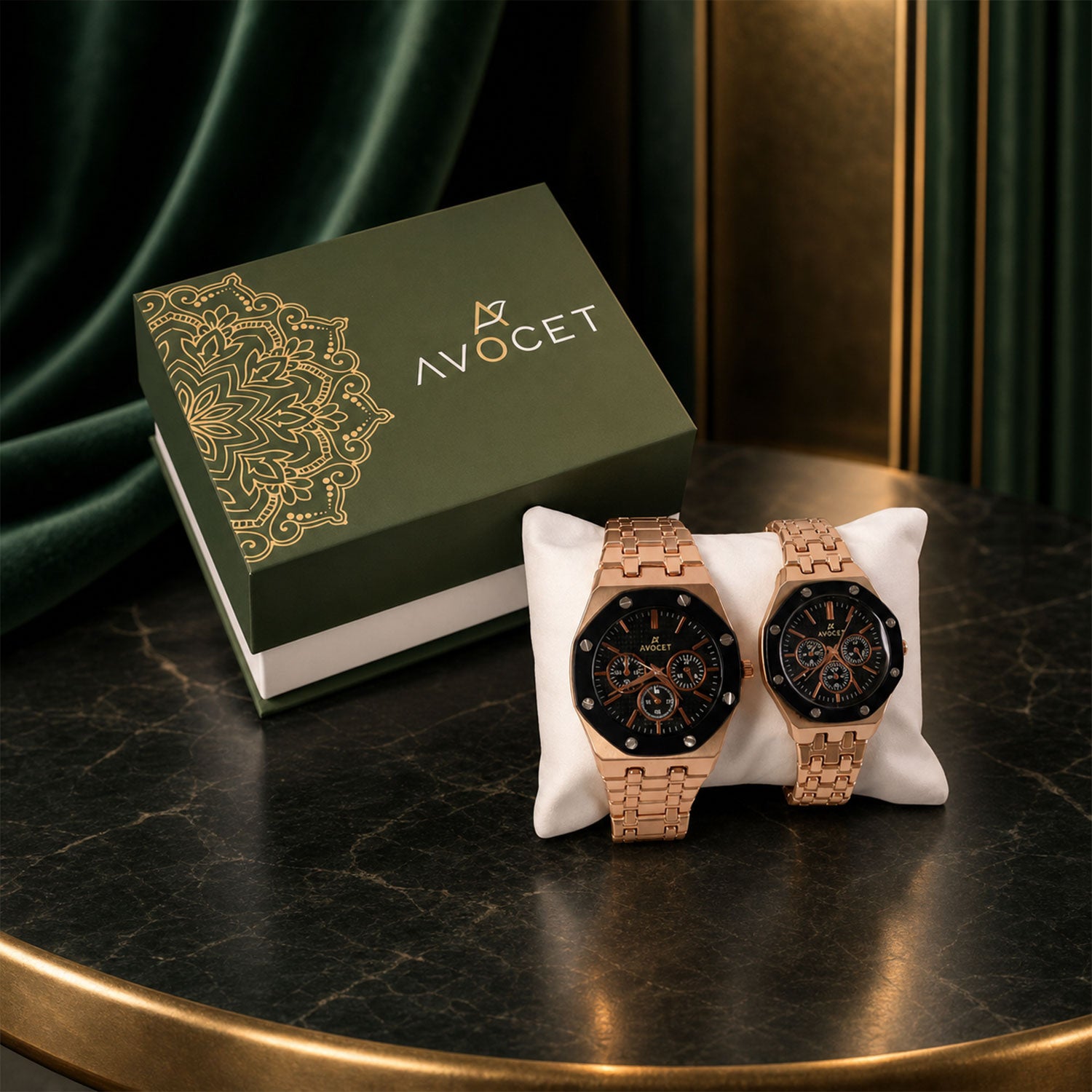 Rose Gold Couple Watch Set with Black Dial Chronograph Style Metal Strap