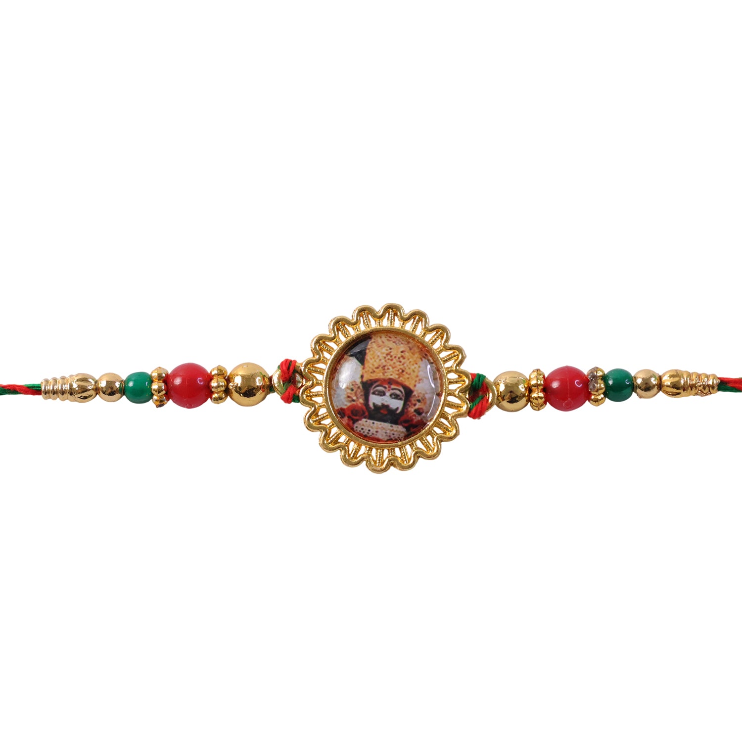 Khatu Shyam Ji Pendant Rakhi with Red and Green Beads