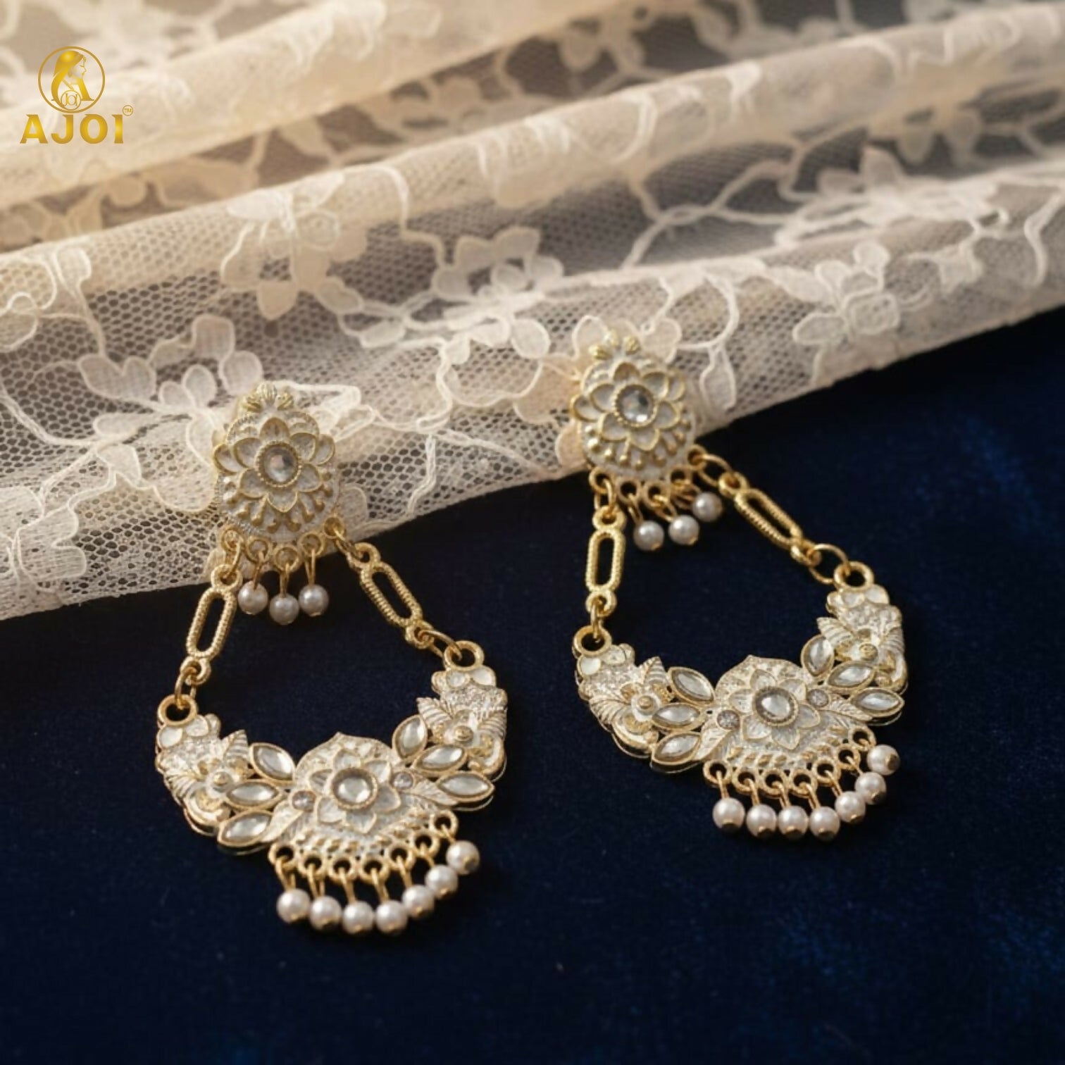 Antique Gold-Plated White Stone & Pearl Floral Chandbali Earrings for Women
