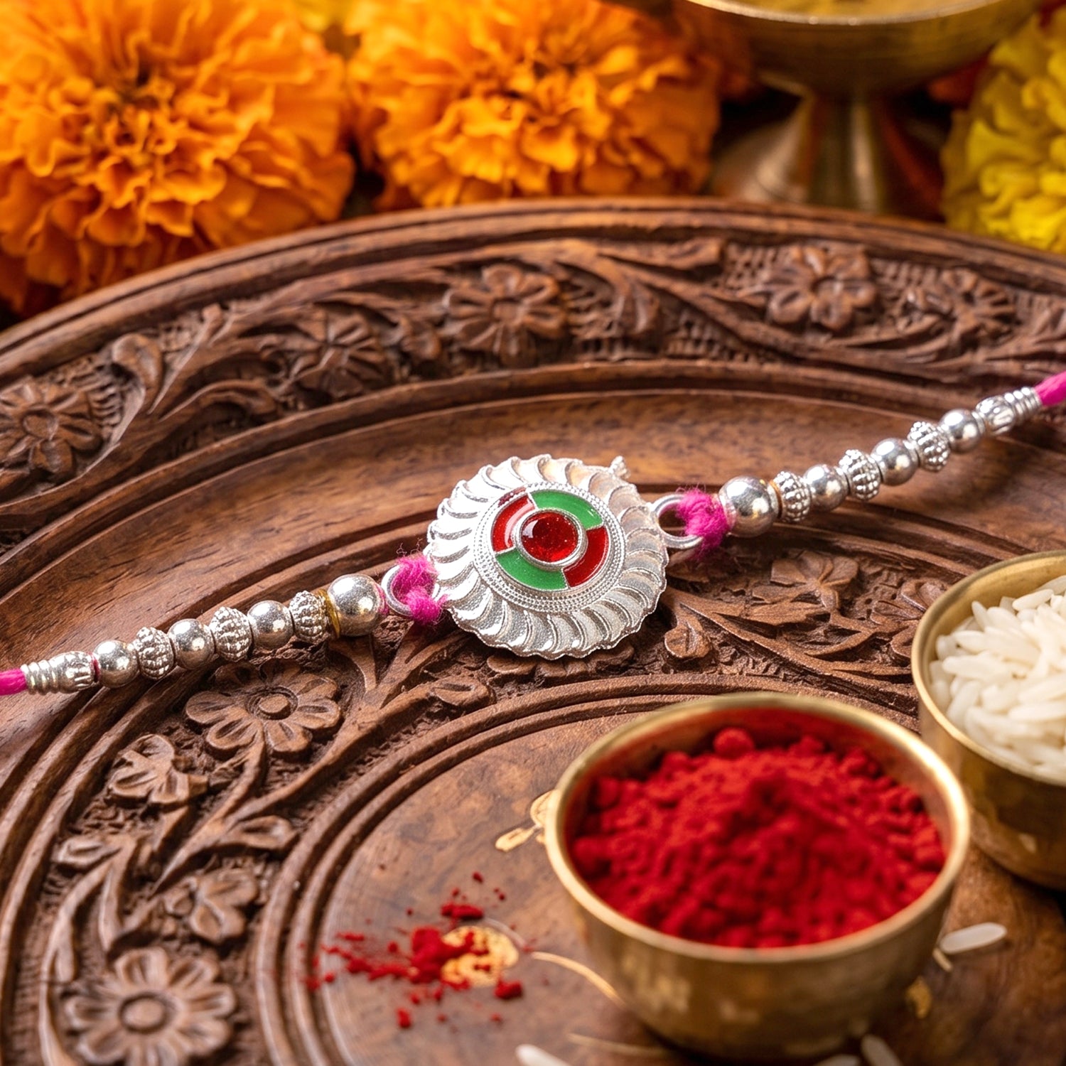 Silver Round Floral Rakhi with Red Stone and Pink Beads