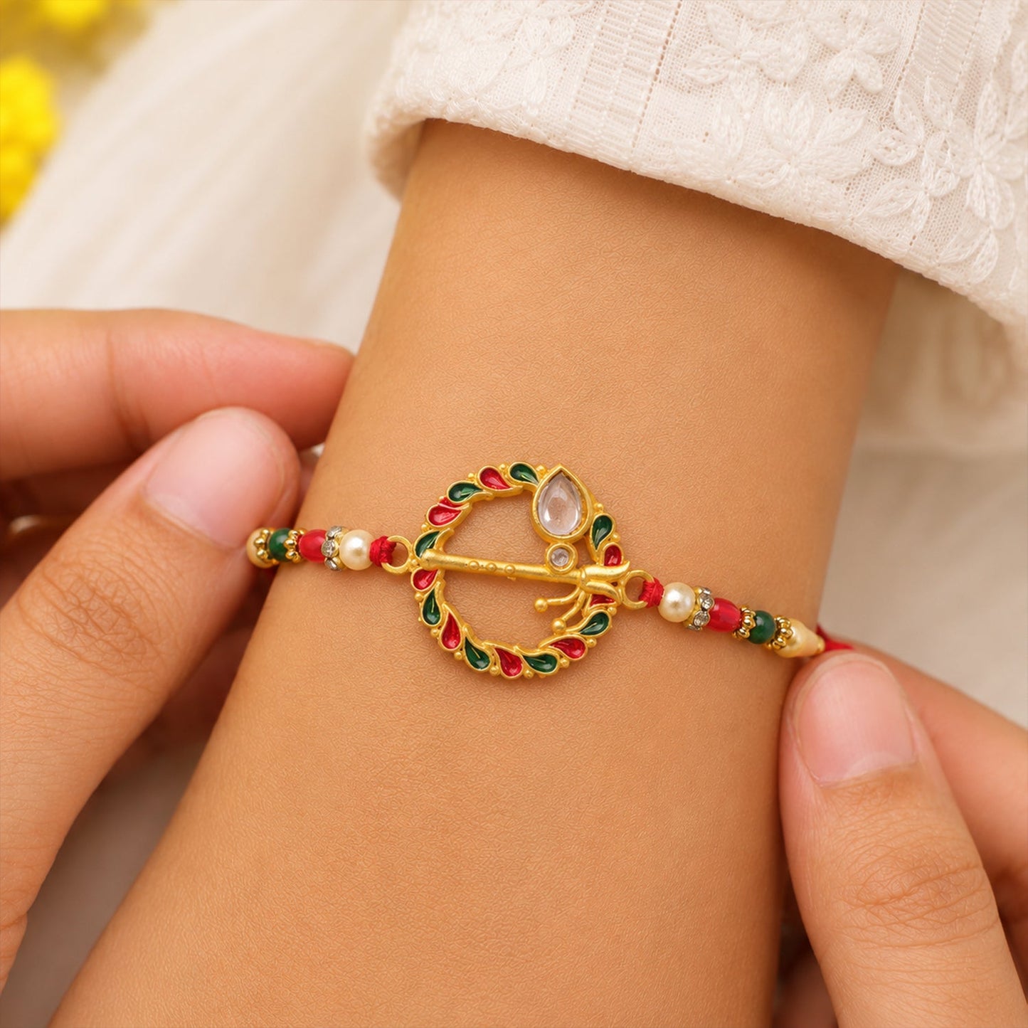 Krishna Flute Rakhi Traditional Design with Colorful Leaf Beads (10pcs)