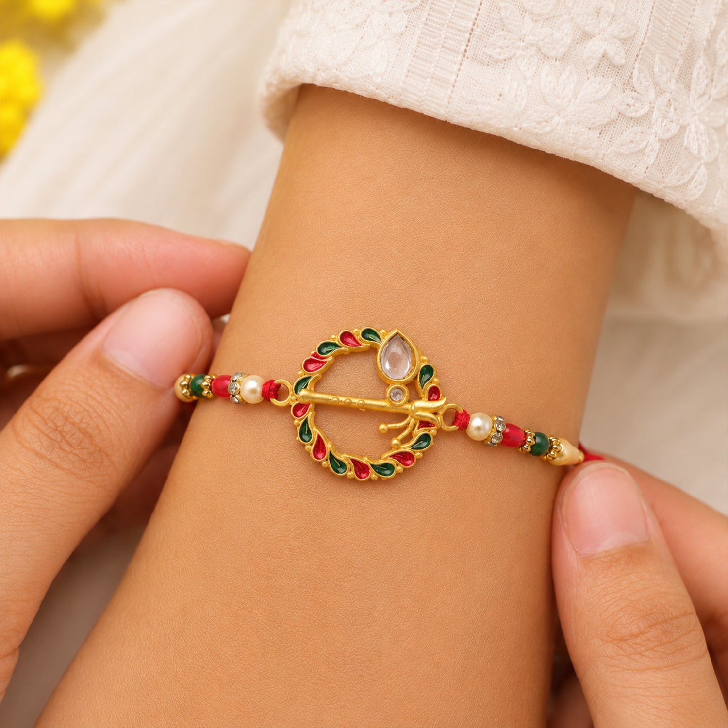 Krishna Flute Rakhi Traditional Design with Colorful Leaf Beads (10pcs)