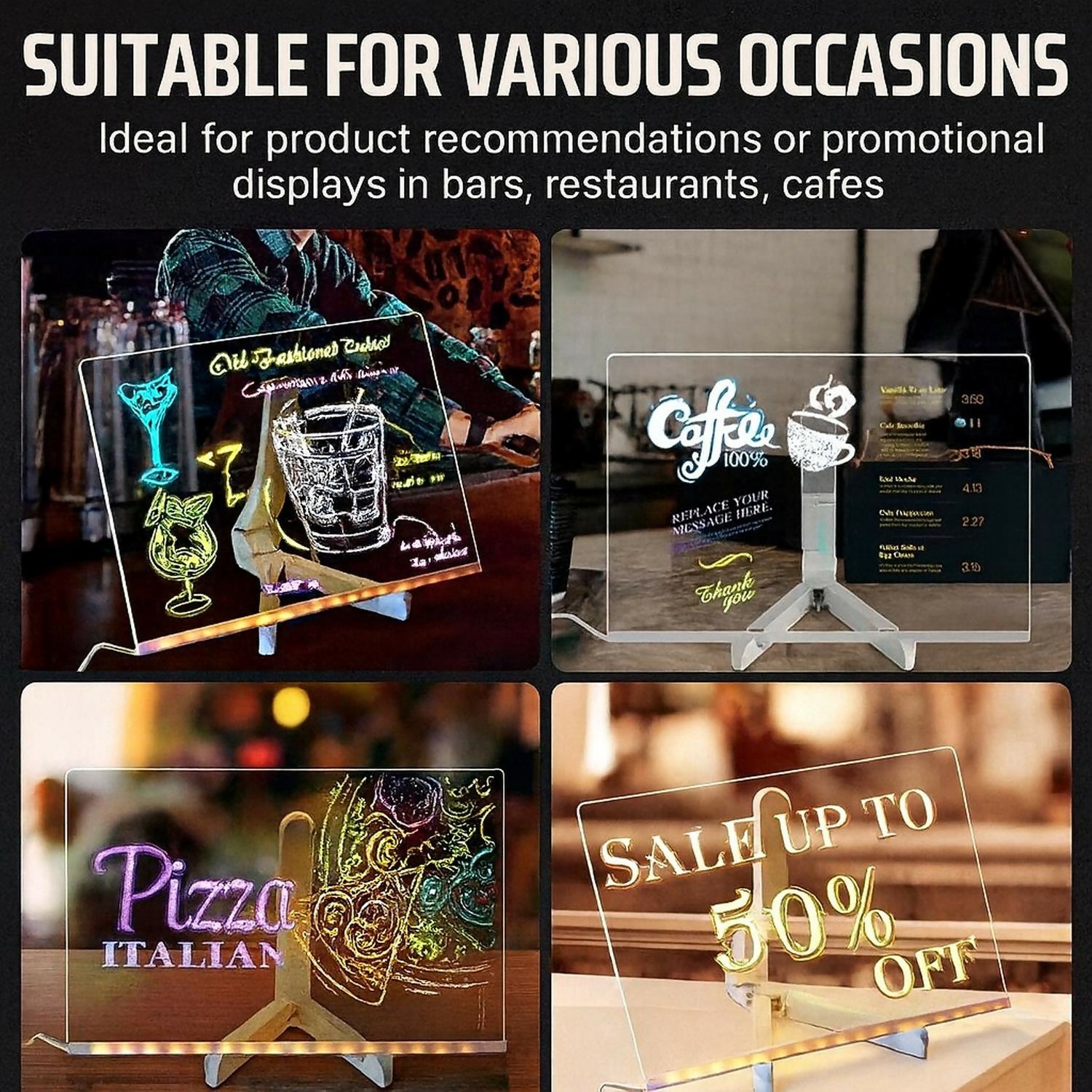 LED Message Writing Board 8x8 Inch with 6 Neon Color Markers, USB Powered Light Up Drawing Pad with Erasable Acrylic Surface for Kids, Birthday Parties, Restaurants, Cafés & Home Décor