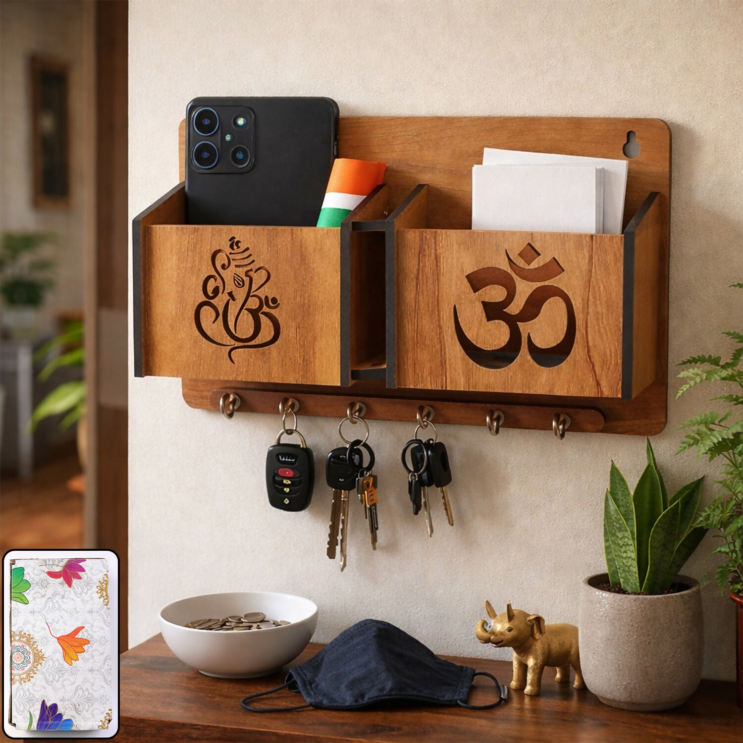 Wooden Wall Mounted Key Holder with Mobile Stand