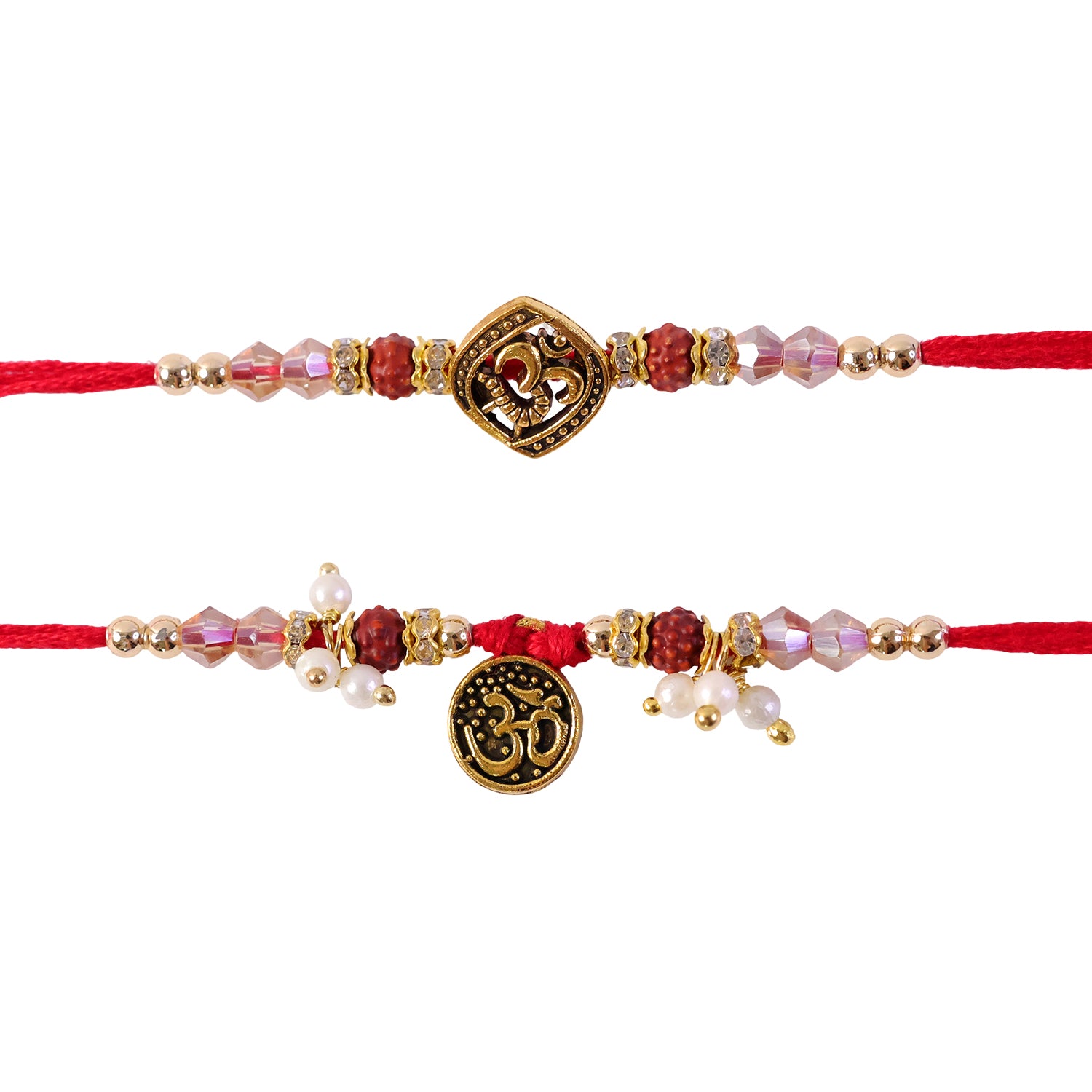 Graceful OM Symbol Bhai Bhabhi Rakhi with OM Medallion and Pearl Tassel for Gifting