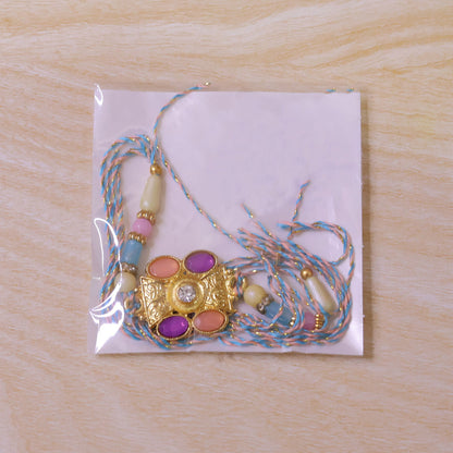 Premium Rakhi with Multicolor Floral Medallion, bead line and chain look for Gift Use