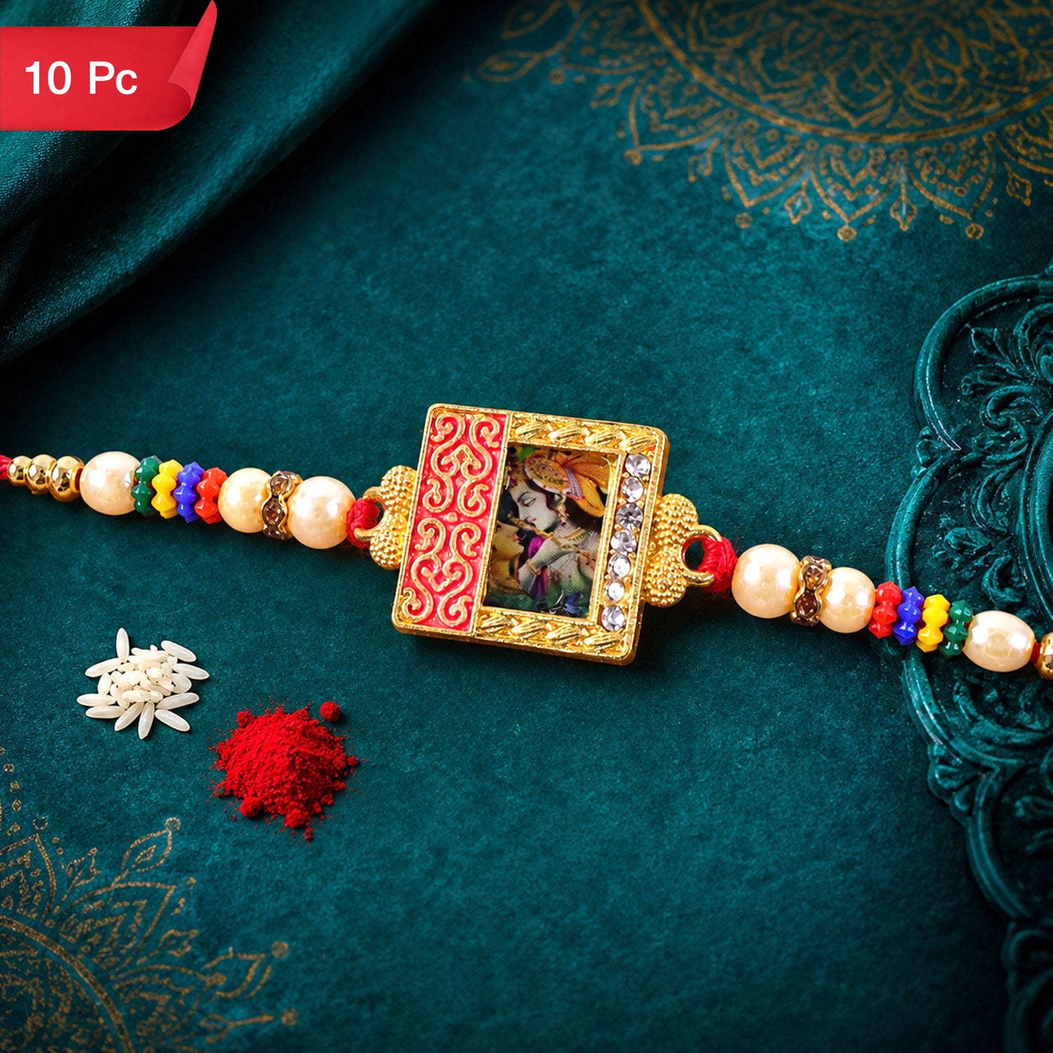 Radha Krishna Rakhi Traditional Square Centerpiece for Brothers (10pcs)