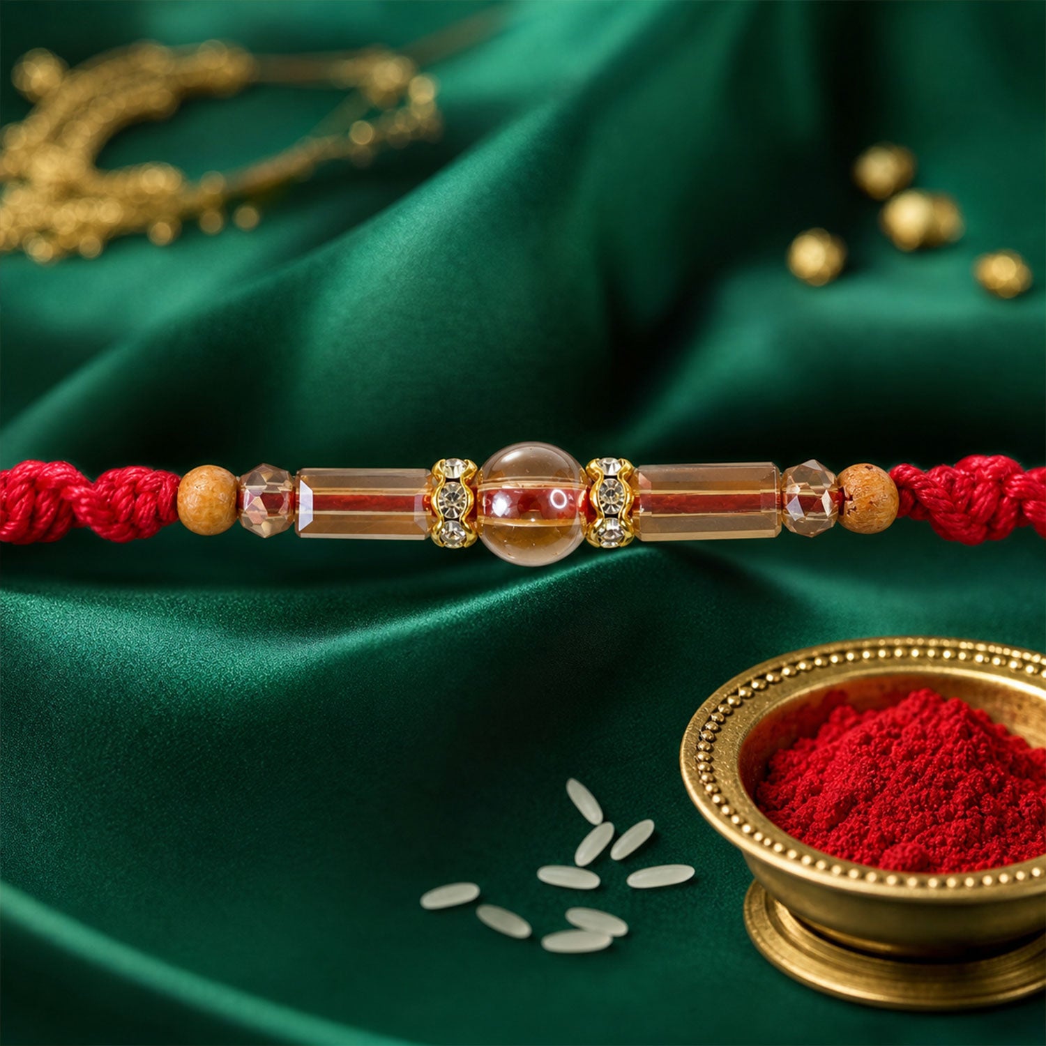 Red Braided Rakhi with Wooden Beads and a Pink Crystal Cylinder Bead