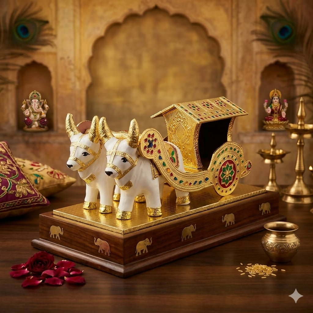 Traditional Indian handicraft bullock cart with wooden base