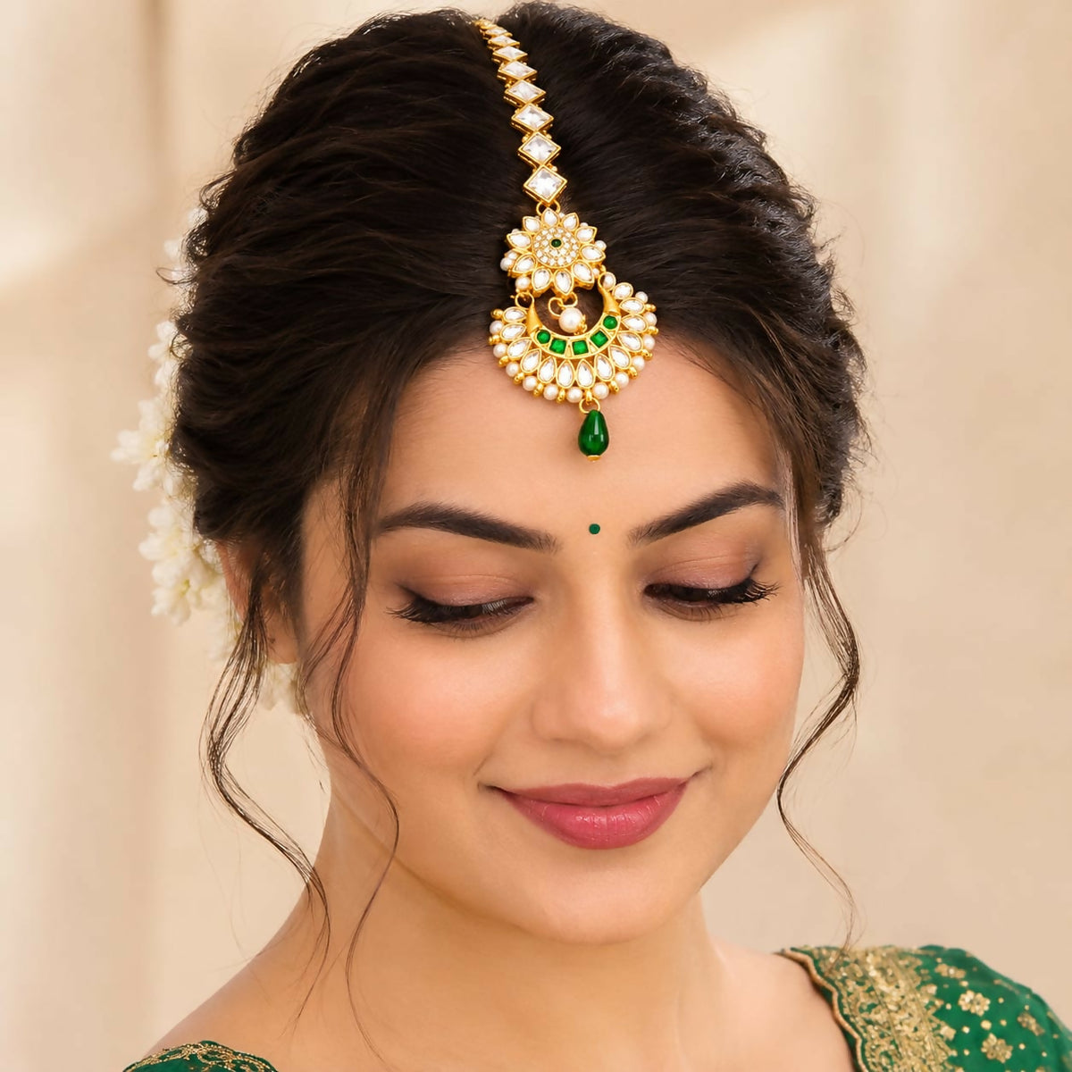 A woman with dark hair models a gold-tone maang tikka with clear stones, green gems, and small white pearls.