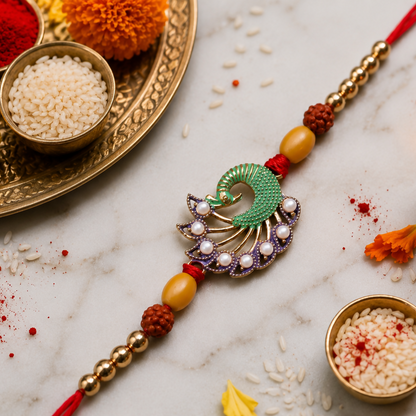 A red thread with gold beads and a central green and purple peacock design with white pearls rests on a white marble surface