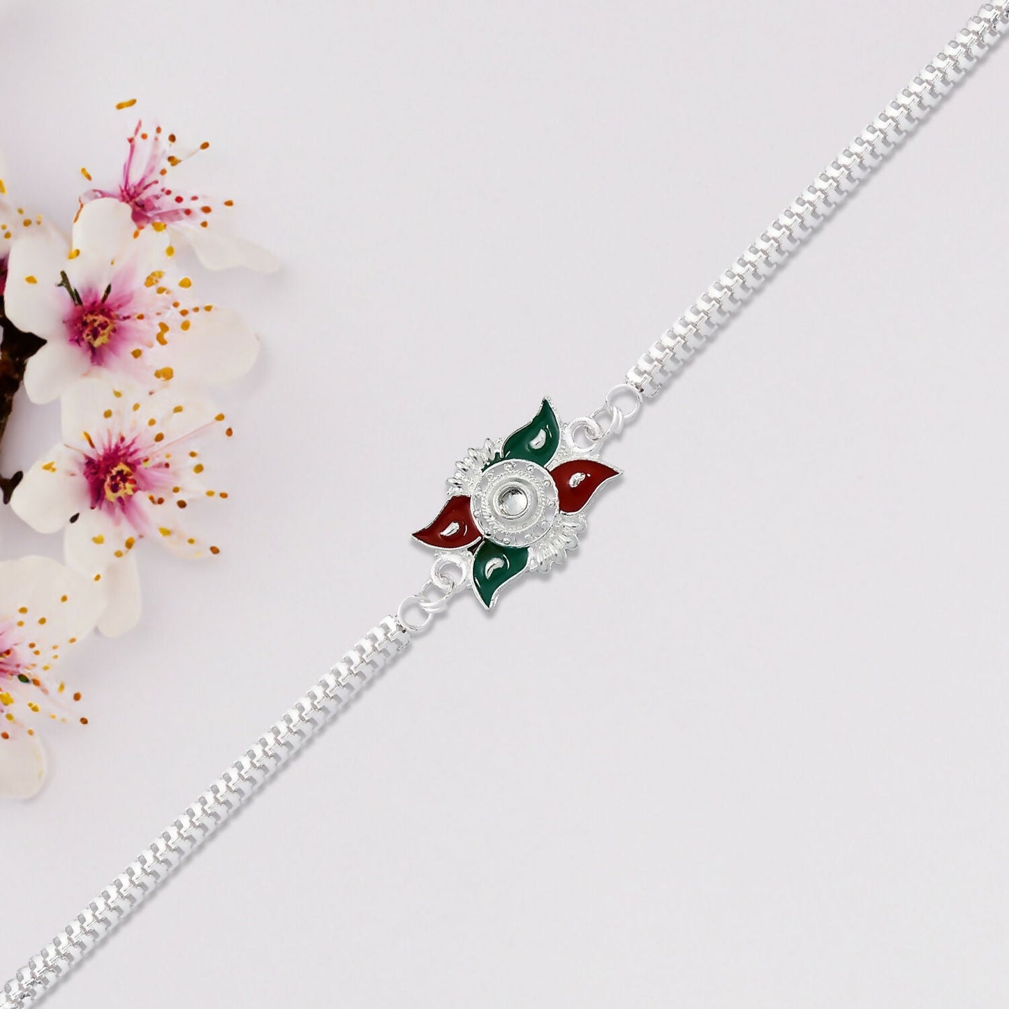 Silver Chain Rakhi Red Green Enamel Floral Design for Brother (5pcs)