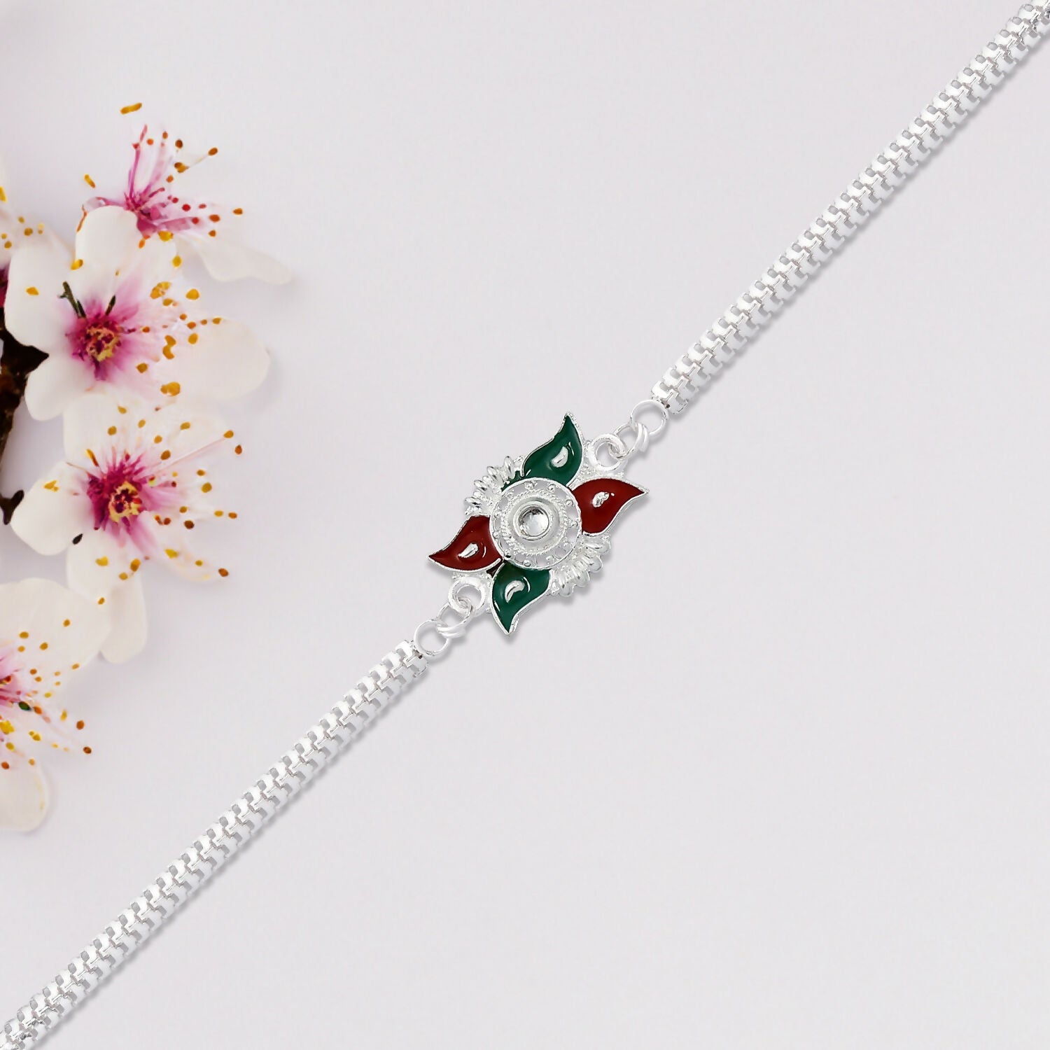 Silver Chain Rakhi Red Green Enamel Floral Design for Brother (5pcs)