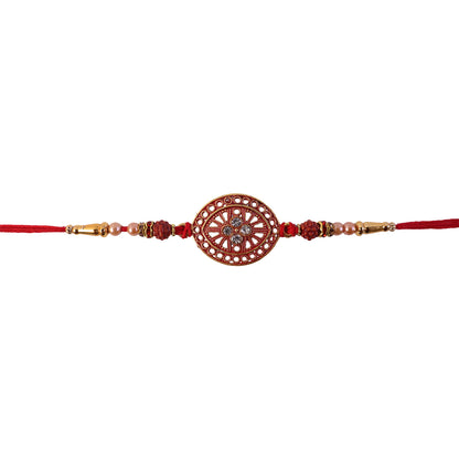 Round Red Chakra Rakhi with Golden Beads and Pearl Side Work
