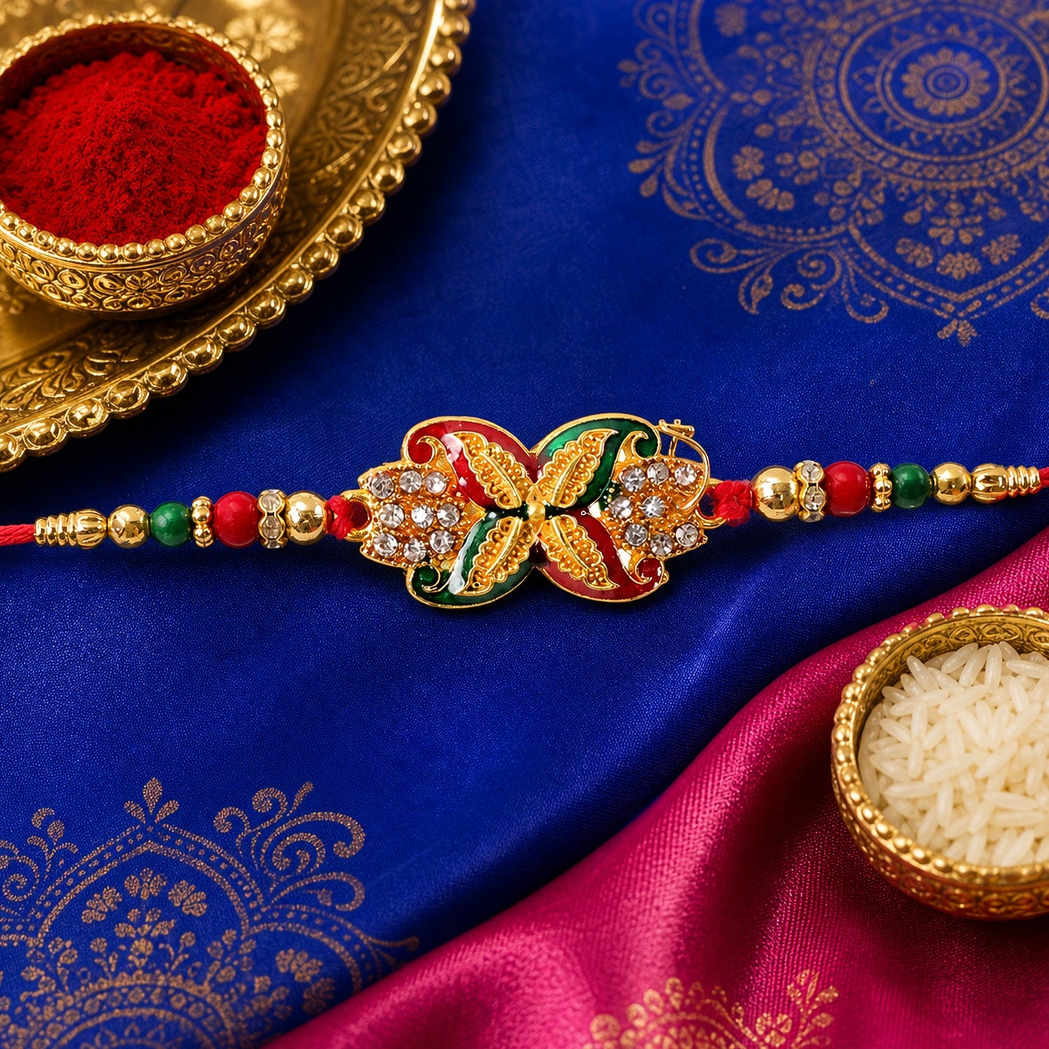 Bead Rakhi with Golden Flower Motif Elegant & Festive Sibling Gift (5pcs)